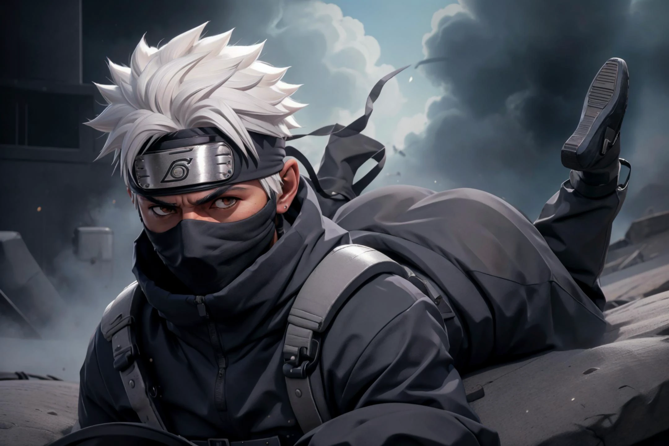 sexy, kakashi, white hair, eyepatch, black sweater, turtleneck sweater, military pants, gadget bellt, broad shoulders, assfrontview, 1boy, (ass:1.2), solo, looking at viewer, lying, on stomach, crawling, walkie-talkie, ventilation shaft, squeezed, going to the side,
high quality, highres, masterpiece, <lora:assfrontview2:0.8> <lora:Kakashi:0.8>