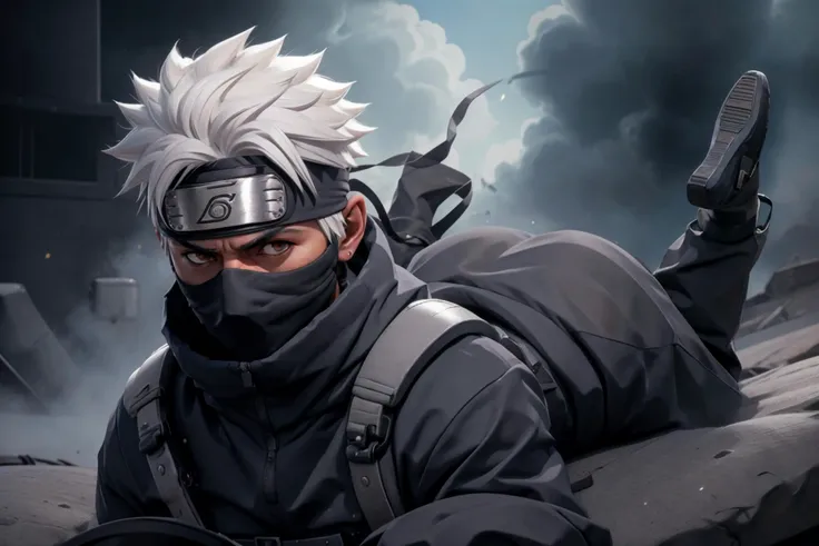 sexy, kakashi, white hair, eyepatch, black sweater, turtleneck sweater, military pants, gadget bellt, broad shoulders, assfrontview, 1boy, (ass:1.2), solo, looking at viewer, lying, on stomach, crawling, walkie-talkie, ventilation shaft, squeezed, going to the side,
high quality, highres, masterpiece, <lora:assfrontview2:0.8>  <lora:Kakashi:0.8>