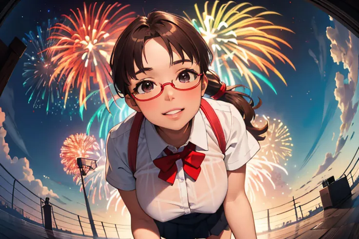 (absurdres, masterpiece, best quality, ultra detailed, detailed background, cinematic lighting, top view), (many colorful spectacular fireworks filling wide sky, ultrawide fisheye lens:1.4), (beautiful anime face, long eyelashes, detailed brown eyes), (voluptuous perfect toned lean kawaii 1girl, narrow waist), brown hair, long wavy hair, (wide ponytail, cute bangs, parted bangs), (red eyewear, semi-rimless eyewear), (massive enormous gigantic heavy huge hanging breasts, cleavage), (bighead, short body, round face), (face closeup, leaning forward:1.4), school uniform, bowtie, (wet see-through short-sleeve blouse, downblouse), (short pleated skirt), glossy skin, (twilight dusk evening), looking at viewer, (flushed, heavy breathing, exhausted, parted lips), beaming smile, naughty grin, subtle blending, ultrasharp focused, brilliant highlights, dreamy ambiance, mesmerizing, Kiyal style <lora:kiyals-magical-time:0.8>