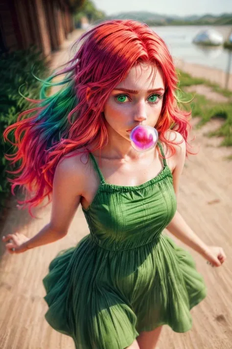 RAW photo, young woman in her 20s, summer dress, bubble gum, red hair, green eyes , professional color correction, <lora:Ois_ois_hair:1> , woman with ois color hair, <lora:Bubble Gum:0.65>, bubble blowing, <lora:more_details:1>