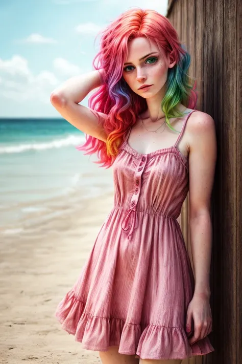 RAW photo, young woman in her 20s, summer dress, bubblegum, red hair, green eyes , professional color correction, <lora:Ois_ois_hair:1> , woman with ois colored hair , <lora:more_details:1>