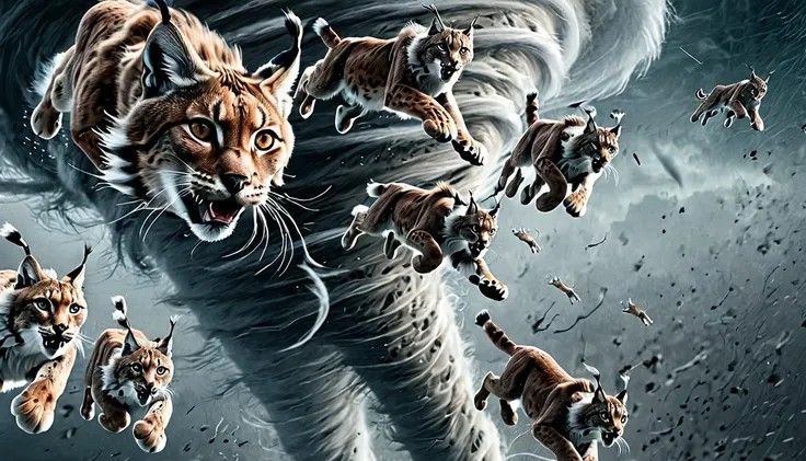 -NadoRay, cinematic, key art, group of Eurasian Lynx flying high in a tornado