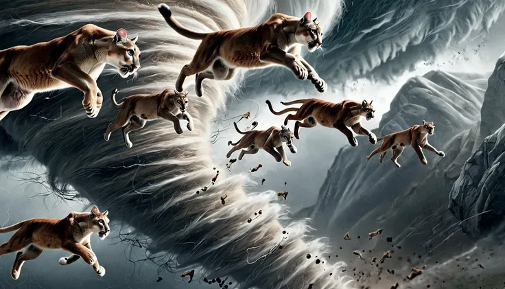 -NadoRay, cinematic, key art, group of Mountain Lion flying high in a tornado