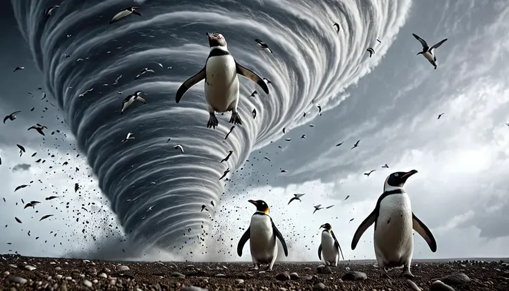 cinematic film still -NadoRay, penguins flying in a tornado, shallow depth of field, vignette, highly detailed, high budget Hollywood film, cinemascope, moody, epic, gorgeous, 