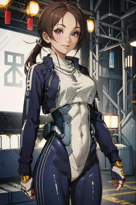 MakikoOriotorai, 1girl, solo, long hair, low ponytail, brown hair, fingerless gloves, brown eyes, jewelry, purple eyes, dark blue jacket, ponytail, necklace, white bodysuit, dark blue bodysuit, cropped jacket, detailed body, on a sound stage,