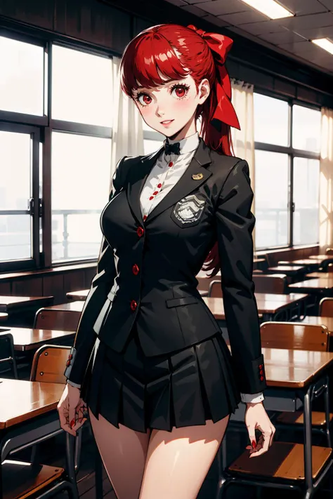 1girl, blush, large breasts, skindentation, deep skin, mascara, (fashion make up), smiling, parted lips, volumetric lighting, (TALL), ((skinny and Long legs)), thin waist, voluptuous, 
masterpiece,best quality,highly detailed, quality, (round ass), red nailpolish, romantic, persona5, volumetric lighting, best quality, masterpiece, intricate details, tonemapping, sharp focus, hyper detailed, absurdres, dskasumi, red hair, long hair, ponytail, red eyes, hair bow, shuujin academy uniform, school uniform, blazer, pleated skirt, students study area, detailed background,