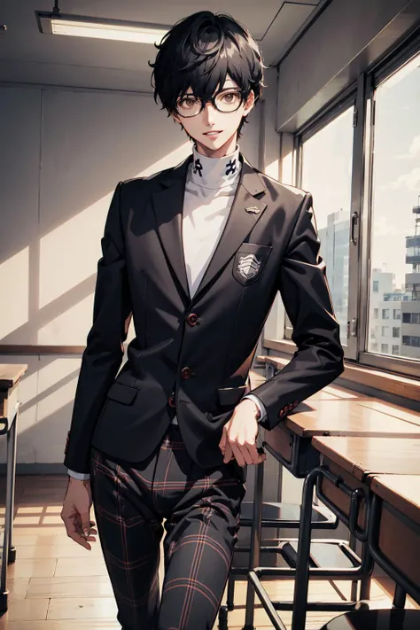 1boy, deep skin, smiling, parted lips, indoors, classroom, volumetric lighting, (TALL), ((skinny and Long legs)), thin waist, masterpiece:1, best quality, highly detailed, quality, Romantic, persona, volumetric lighting, intricate details, tonemapping, sharp focus, hyper detailed, absurdres, (best quality),
AmamiyaRen, glasses, shuujin academy school uniform, plaid pants:1, turtleneck, bishonen,