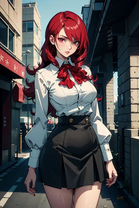 1girl, blush, large breasts, skindentation, deep skin, mascara, (fashion make up), closed lips, volumetric lighting, (Tall), ((skinny and Long legs)), thin waist, voluptuous, sexy, Adult woman,
masterpiece,best quality,highly detailed, quality, (round ass), nailpolish, romantic, persona4, volumetric lighting, best quality, masterpiece, intricate details, tonemapping, sharp focus, hyper detailed, absurdres, beautiful girl, full body, Mitsuru Kirijo [Persona], gekkoukan high school uniform, white button up shirt, black skirt, chest bow, hair over on eye' , Luscious lips, outside of large highrise building, (RED HAIR), (RED EYES), (Knee length skirt),