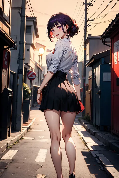 1girl, blush, medium breasts, skindentation, deep skin, mascara, (fashion make up), smiling, parted lips, volumetric lighting, (Petite), ((skinny and Long legs)), thin waist, voluptuous,
masterpiece,best quality,highly detailed, quality, (round ass), red nailpolish, romantic, persona5, volumetric lighting, best quality, masterpiece, intricate details, tonemapping, sharp focus, hyper detailed, absurdres, beautiful girl, full body, outdoors, street with ramen shops, golden hour:1.5, sun setting, Orange sky:1.5, wearing school uniform, purple hair, purple eyes, red lipstick