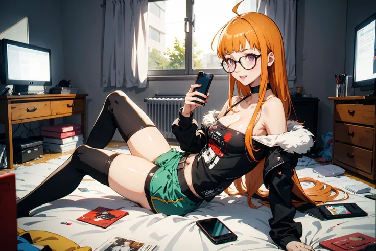 1girl, blush, small breasts, skindentation, deep skin, mascara, (fashion make up), smiling, parted lips, volumetric lighting, (Petite), ((skinny and Long legs)), thin waist, voluptuous,
masterpiece,best quality,highly detailed, quality, (round ass), white nailpolish, romantic, persona5, volumetric lighting, best quality, masterpiece, intricate details, tonemapping, sharp focus, hyper detailed, absurdres, sfutaba, orange hair, long hair, blunt bangs, ahoge, purple eyes, glasses, print shirt, green jacket, fur trim, off shoulder, (Loose shorts), black shorts:1.5, thighhighs:1.5, bare shoulders, holding smartphone, ((otaku room)), (messy room:1.5)), nerdy, (lying on floor), large CRT television set, black tv screen, solo,
