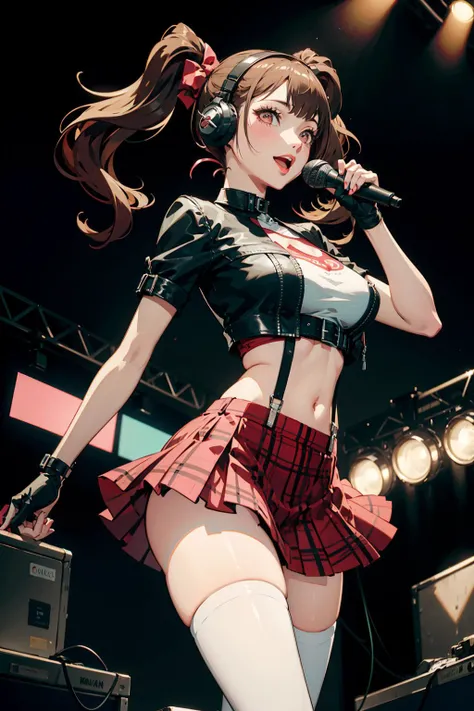 1girl, blush, huge breasts, skindentation, deep skin, mascara, (fashion make up), smiling, parted lips, volumetric lighting, (Petite), ((skinny and Long legs)), thin waist, voluptuous,
masterpiece,best quality,highly detailed, quality, (round ass), white nailpolish, romantic, persona5, volumetric lighting, best quality, masterpiece, intricate details, tonemapping, sharp focus, hyper detailed, absurdres, kujikawadancing, twintails, hair bow, headphones, crop top, suspenders, (colorful skirt), thighhighs, gloves, midriff, (vibrant), Lightshow, Rave, Pastel Colored clothes, holding microphone, singing, music notes in air,
concert stage, stage lighting, idol show,