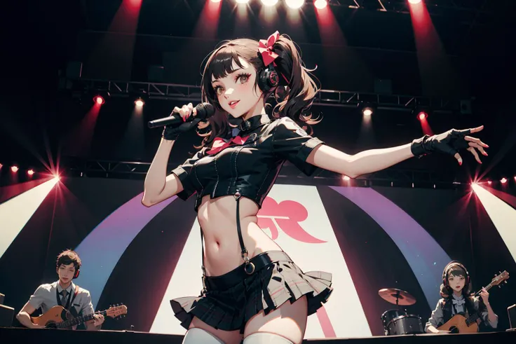 1girl, blush, small breasts, skindentation, deep skin, mascara, (fashion make up), smiling, parted lips, volumetric lighting, (Petite), ((skinny and Long legs)), thin waist, voluptuous,
masterpiece,best quality,highly detailed, quality, (round ass), white nailpolish, romantic, persona5, volumetric lighting, best quality, masterpiece, intricate details, tonemapping, sharp focus, hyper detailed, absurdres, kujikawadancing, twintails, hair bow, headphones, crop top, suspenders, skirt, thighhighs, gloves, midriff,
concert stage, stage lighting, idol show,