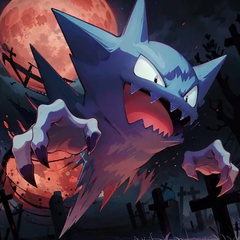 ((masterpiece,best quality)),
<lora:Haunter_Pokemon_Anime:0.9>, Haunter_Pokemon, floating, no humans, pokemon \(creature\),
solo, smiling, looking at viewer, dark purple, red glowing eyes,
graveyard, red moon,
cinematic composition,