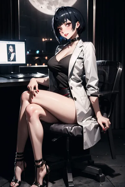 1girl, blush, large breasts, skindentation, deep skin, Tae Takemi, mascara, (fashion make up), smiling, parted lips, choker, indoors, volumetric lighting, (TALL), ((skinny and Long legs)), thin waist, wide hips, voluptuous, white labcoat,
masterpiece,best quality,highly detailed, quality, (round ass), red nailpolish, late night, moonlit, romantic, lowra, sitting in computer chair, legs crossed, stiletto heels,