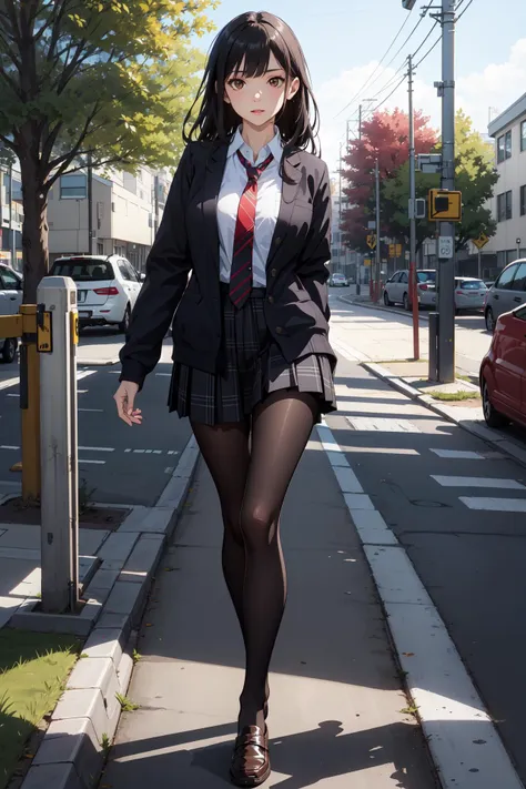 (photorealistic:1.4),8k,1girl, (masterpiece), best quality, highest quality, (detailed face:1.5),original,highres, unparalleled masterpiece, ultra realistic 8k, perfect artwork, ((perfect female figure)),mature female, milf, narrow waist, skinny,detailed skin, solo, skirt, jacket, school uniform, white background,shoes, simple background, black footwear, loafers, blazer, full body, standing, cardigan, plaid, necktie, pleated skirt, standing on one leg, brown eyes, long hair, black hair, sleeves past wrists, long sleeves, plaid skirt, bangs, black jacket, miniskirt, shirt, open clothes, black skirt, collared shirt,high school, school , school gate, street,afternoon,nature light,outdoors, tree, bus stop,200 mm,low position,lens flare, tallï¼very thin legs,pantyhose
