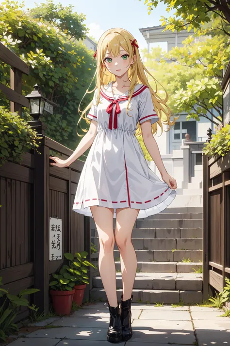 masterpiece, best quality, 1girl, solo, murashige_yuzuki, 1girl, solo, long hair, green eyes, blonde hair, upper body, dress,standing,full body, park,