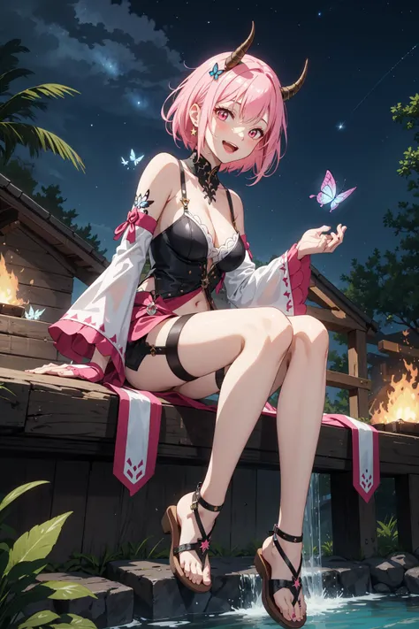 <lora:OtoriEmu-02:0.7> ,wdhemu, 1girl, smile, short hair, open mouth, cleavage, jewelry, medium breasts, sitting, pink hair, :d, outdoors, detached sleeves, horns, sky, shorts, pink eyes, water, tree, tattoo, night, animal, sandals, bug, fire, butterfly, star (sky), nature, night sky, bridal gauntlets, starry sky, tribal