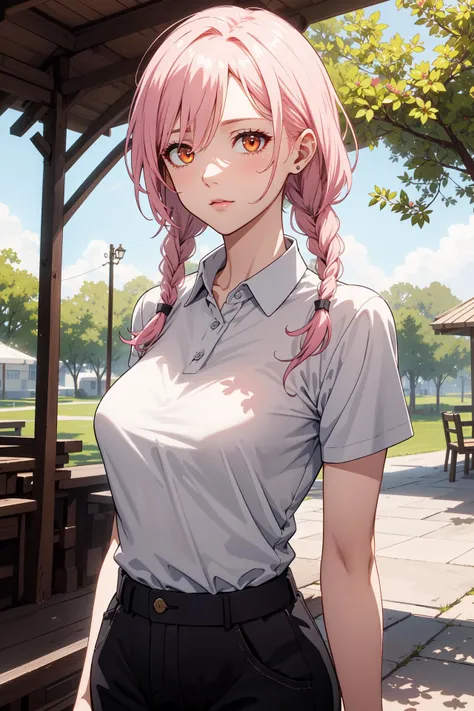 shirt, pants, outdoors, trees, sunshine, shade of tree, polo shirt,, (mature female, milf, mother, perfect jawline, middle aged, 30yr old), highres, best quality, master's work, cinematic lighting, official art, (masterpiece, 8k wallpaper, deep eyes, detailed eyes), beautiful and delicate, absurdres, best quality, high detail, vivid, dynamic lighting, mature, grey hair,pink hair, flipped hair,twin braids, orange eyes,