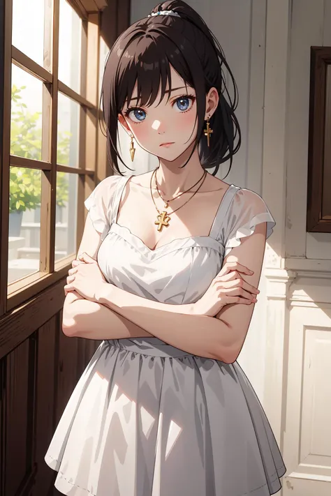 (masterpiece, best quality:1.2), cowboy shot, solo, 1girl, expressionless, closed mouth, looking at viewer, crossed arms, ponytail, white dress, jewelry, necklace, earrings