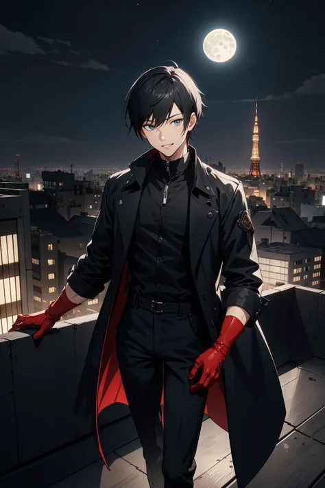 1boy, deep skin, smiling, parted lips, on rooftop, japan city lights below, tokyo tower, full moon, lowra, moonlit, volumetric lighting, (TALL), ((skinny and Long legs)), thin waist, masterpiece:1, best quality, highly detailed, quality, persona, volumetric lighting, intricate details, tonemapping, sharp focus, hyper detailed, absurdres, (best quality), ray tracing,
AmamiyaRen, mask:1.5, black coat, black pants, black shirt, red gloves, perfect eyes:1, cowboy shot,