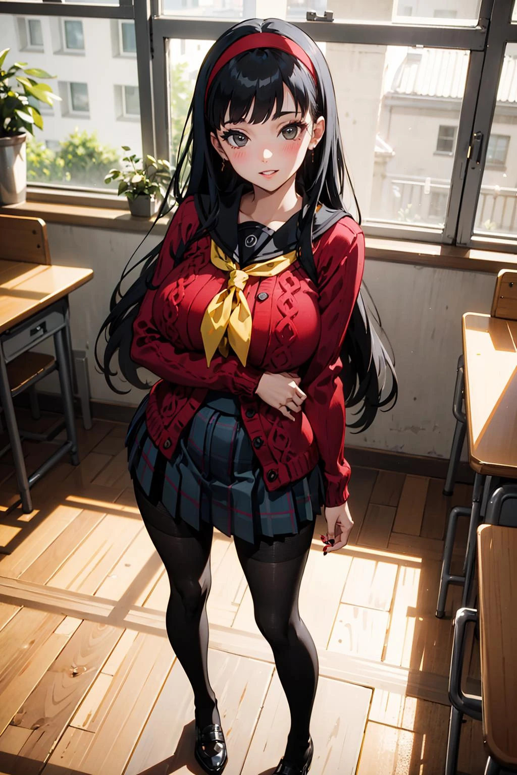 1girl, blush, large breasts, skindentation, deep skin, mascara, (fashion make up), smiling, parted lips, indoors, volumetric lighting, (TALL), ((skinny and Long legs)), thin waist, voluptuous,
masterpiece,best quality,highly detailed, quality, (round ass), red nailpolish, romantic, yukiko, volumetric lighting, best quality, masterpiece, intricate details, tonemapping, sharp focus, hyper detailed, absurdres, (red cardigan,plaid skirt,yellow neckerchief,school uniform:1.2), huge breasts, (black tights:1.5), in a school Library, from above, holding book