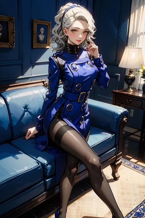 1girl, blush, large breasts, skindentation, deep skin, mascara, (fashion make up), smiling, parted lips, indoors, volumetric lighting, (TALL), ((skinny and Long legs)), thin waist, voluptuous,
masterpiece,best quality,highly detailed, quality, (round ass), red nailpolish, romantic, margaret, persona 4, volumetric lighting, best quality, masterpiece, intricate details, tonemapping, sharp focus, hyper detailed, absurdres, blue tufted dress with gold trim, inside room with every part of the room blue, stained glass windows, purple carpet, ((blue couch:1.5)), ((blue walls)), blue interior, blue furniture, blue paneling interior, blue leather seats, black pantyhose:1.5, high heels, grey hair, yellow eyes, large lips, hairband, lipstick, magical, blue light,