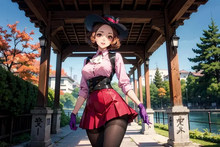 1girl, blush, large breasts, skindentation, deep skin, mascara, (fashion make up), smiling, parted lips, (dsann), outdoors, volumetric lighting, (TALL), ((skinny and Long legs)), thin waist, voluptuous,
masterpiece,best quality,highly detailed, quality, (round ass), red nailpolish, romantic, dsnoir, brown hair, short hair, brown eyes, pink shirt, ascot, skirt, vest, hat, hat feather, pantyhose, bandolier, purple gloves, in a beautiful park, japan,