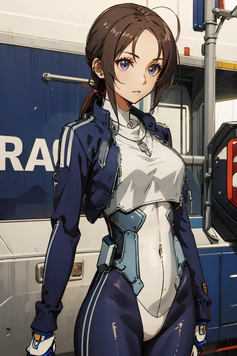 MakikoOriotorai, 1girl, solo, long hair, low ponytail, brown hair, fingerless gloves, brown eyes, jewelry, purple eyes, dark blue jacket, ponytail, necklace, white bodysuit, dark blue bodysuit, cropped jacket