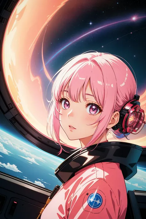 1girl, (manga art by Katsuhiro Otomo:1.0) , detailed portrait, Acclaimed field and fauna, surreal, close up of a Luminous [Shabby Chic:Interesting:16] ([Longyearbyen|Ulaanbaatar]:1.3) from inside of a Astronomical observatory, at Dawn, Peaceful, Dragoncore, Neon Light, telephoto lens, Polychromatic, Soutache, DayGlo pink power aura, in the style of Star Wars, Unsplash, photolab, feminine