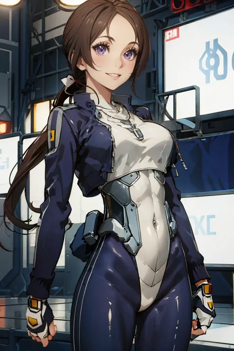MakikoOriotorai, 1girl, solo, long hair, low ponytail, brown hair, fingerless gloves, brown eyes, jewelry, purple eyes, dark blue jacket, ponytail, necklace, white bodysuit, dark blue bodysuit, cropped jacket, detailed body, on a sound stage,