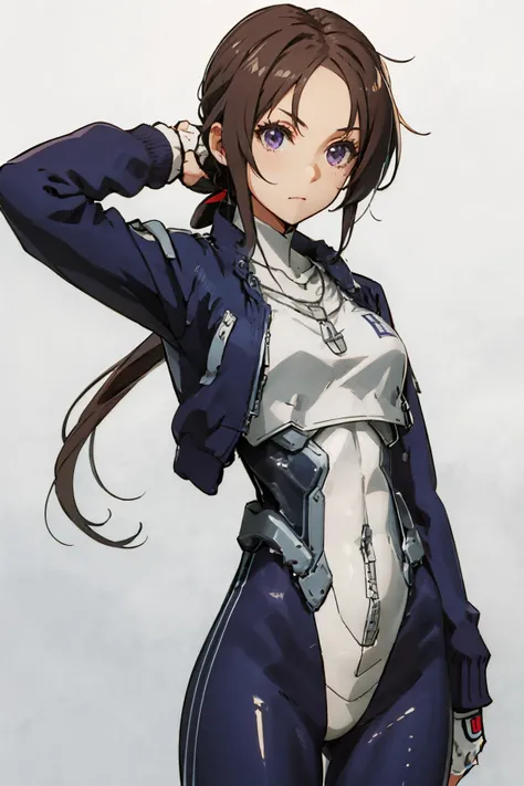 MakikoOriotorai, 1girl, solo, long hair, low ponytail, brown hair, fingerless gloves, brown eyes, jewelry, purple eyes, dark blue jacket, ponytail, necklace, white bodysuit, dark blue bodysuit, cropped jacket