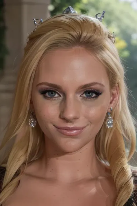 candid photo of a stunningly beautiful blonde queen, upper body, close up, flowing dress, torso, outside a castle garden, jeweled crown, face, stunningly beautiful face, stunning eyes, cute smile, 8k, uhd, fujifilm xt3, masterpiece