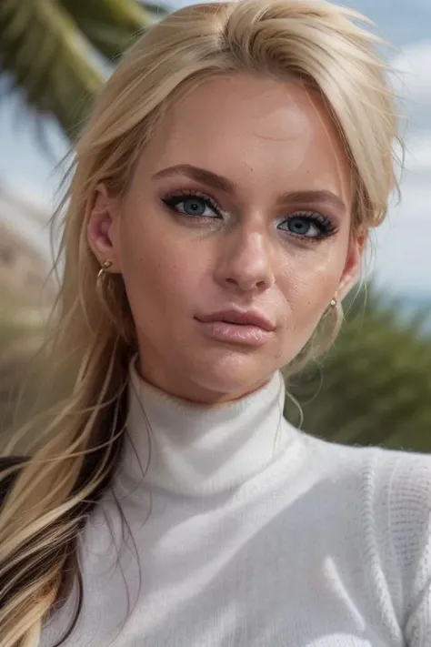 candid photo of a stunningly beautiful blonde woman, upper body, close up, torso, midnight at the beach, knitted white turtleneck sweater, face, stunningly beautiful face, stunning eyes, happy to see you, bokeh, 8k, uhd, fujifilm xt3, masterpiece