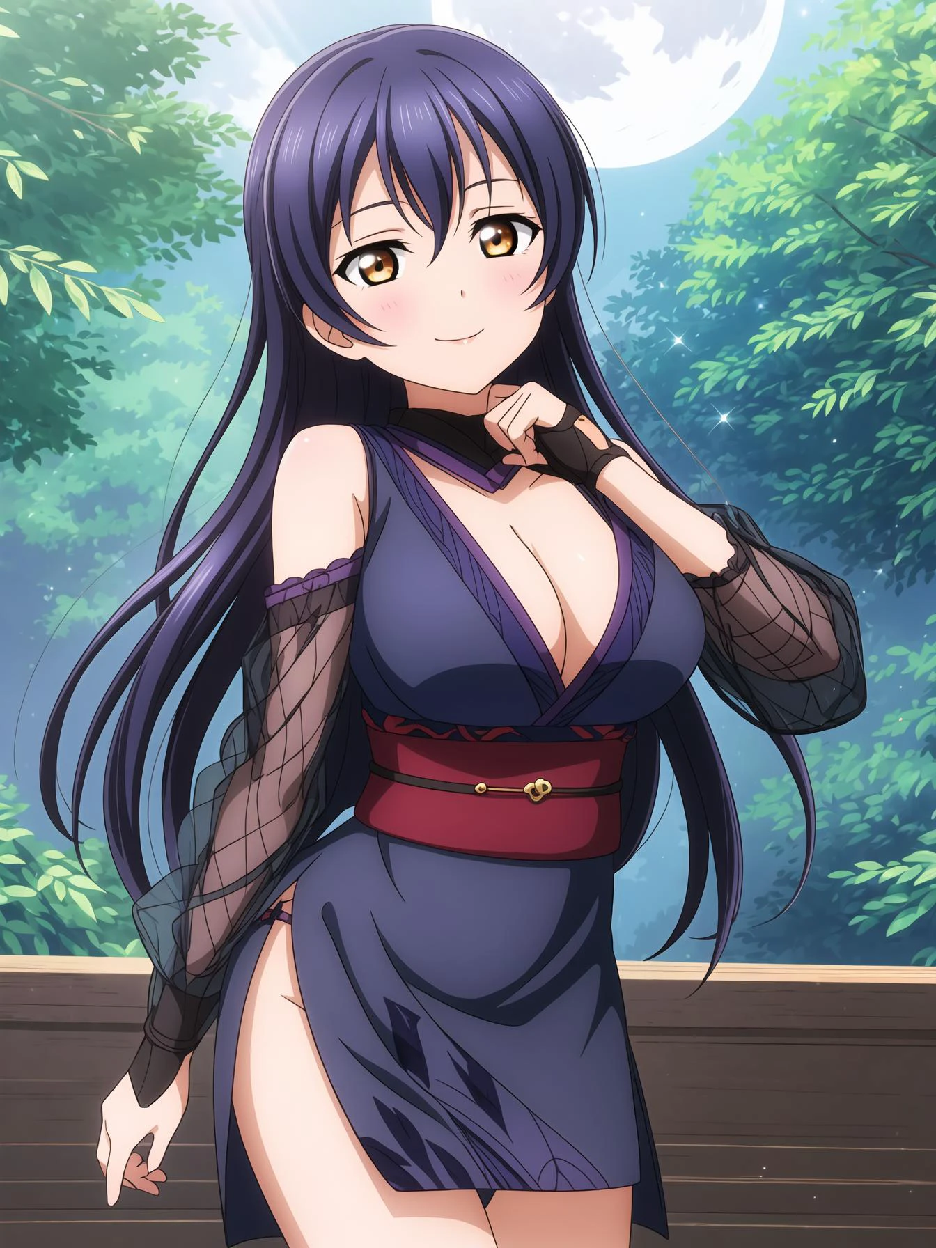 <lora:Koto-Umi-Riko-Shizu-Setsu-LLAS:0.8> <lora:GoodHands-beta2:1> <lora:hyperrefiner_v090:0.6> <lora:add_detail:0.6> <lora:veye3:0.3>
(masterpiece:1.2), (best quality:1.2), (highres:1.2), (perfect anatomy:1.2), (perfect lighting:1.2), (beautiful eyes:1.4), (detailed face and eyes:1.4)
BREAK
(depth of field:1.3), (light particles:1.2), (lens flare:1.2), (sunbeam:1.2), (sparkle background:1.2), (shiny skin:1.2), (shiny hair:1.2), (shiny clothes:1.2)
BREAK
1girl, solo, (looking at viewer:1.2), (cowboy shot:1.2)
BREAK
(umi-llas:1.3), yellow eyes, (big pupils:1.2), (huge breasts:1.2), narrow waist, lips, smile, closed mouth
BREAK
(night:1.4), (full moon:1.4), (bamboo forest:1.2), leaf, japanese architecture
BREAK
<lora:ninja_girl_v1:0.6:0.6:lbw=MIDD>
(ninja:1.5), (black kimono:1.3), (fishnet top:1.1), wide sleeves, (cleavage:1.3)
