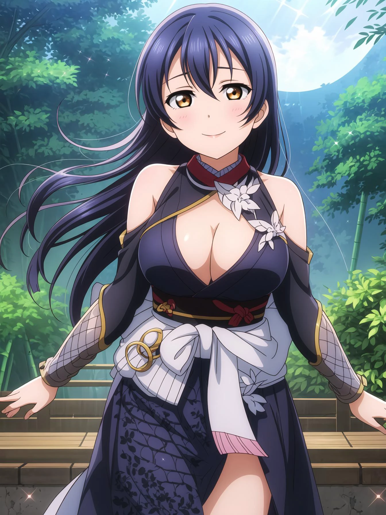 <lora:Koto-Umi-Riko-Shizu-Setsu-LLAS:0.8> <lora:GoodHands-beta2:1> <lora:hyperrefiner_v090:0.6> <lora:add_detail:0.6> <lora:veye3:0.3>
(masterpiece:1.2), (best quality:1.2), (highres:1.2), (perfect anatomy:1.2), (perfect lighting:1.2), (beautiful eyes:1.4), (detailed face and eyes:1.4)
BREAK
(depth of field:1.3), (light particles:1.2), (lens flare:1.2), (sunbeam:1.2), (sparkle background:1.2), (shiny skin:1.2), (shiny hair:1.2), (shiny clothes:1.2)
BREAK
1girl, solo, (looking at viewer:1.2), (cowboy shot:1.2)
BREAK
(umi-llas:1.3), yellow eyes, (big pupils:1.2), (huge breasts:1.2), narrow waist, lips, smile, closed mouth
BREAK
(night:1.4), (full moon:1.4), (bamboo forest:1.2), leaf, japanese architecture
BREAK
<lora:ninja_girl_v1:0.6:0.6:lbw=MIDD>
(ninja:1.5), (black kimono:1.3), (fishnet top:1.1), wide sleeves, (cleavage:1.3)