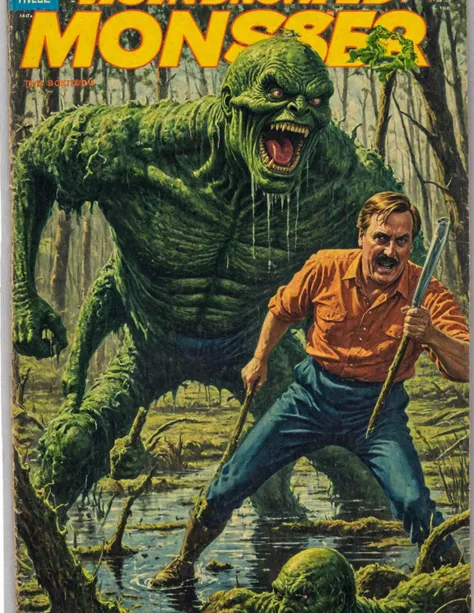 Vintage comic book cover illustration of Mikelindell Person in a swamp fighting a swamp monster, <lora:MyPillow Mike Lindell SDXL - Mikelindell Person:0.6>, <lora:Wiz-VintageComicBookCover_v01:1>