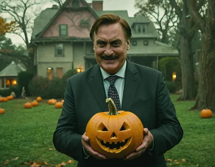 , Movie sequence where Mikelindell Person inherits a creepy mansion where every room celebrates a different Halloween, (emphasizing eternal spookiness:1.3).<lora:MyPillow Mike Lindell SDXL - Trigger is Mikelindell Person:1>