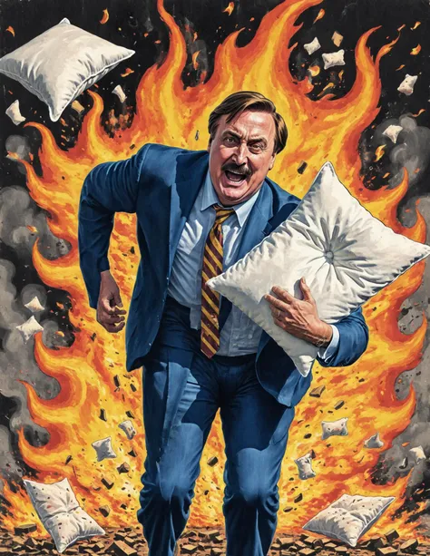 Vintage comic book cover illustration of Mikelindell Person holding a white pillow running out of an exploding pillow factory with flaming pillows flying around, <lora:MyPillow Mike Lindell SDXL - Mikelindell Person:0.6>,  <lora:Wiz-VintageComicBookCover_v01:1>