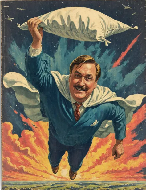 Vintage comic book cover illustration of Mikelindell Person flying in the sky with a white cape and pillow on his head, <lora:MyPillow Mike Lindell SDXL - Mikelindell Person:0.6>,  <lora:Wiz-VintageComicBookCover_v01:1>