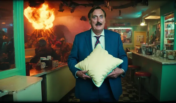 ,,( Carrying a pillow:1.6), ,Film scene showcasing MikeLindell person , escaping from an alien prison using improvised gadgets, with dim ambient lights from alien tech, taken in tight close-ups, highlighting ingenuity under pressure., (Wearing a cowboy hat with a suit:1.49), Mind control chip, panic, Caps Lock explosions,( explosion artstyle:3), Movie moment with MikeLindell Person, mistakenly entering a funhouse and being spooked by his exaggerated reflections, shot under colorful lighting, highlighting comedic self-confrontation., Movie moment with MikeLindell person , in a 90s diner with checkered floors, under neon and ambient lighting, captured in a Dutch tilt, emphasizing the decade's quirky charm.<lora:MyPillow Mike Lindell SDXL - Trigger is Mikelindell Person:1> <lora:Blow It Up - (Trigger words are Explosion Artstyle) :2>