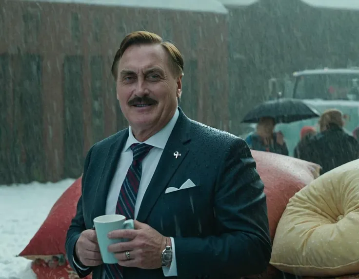 , , Film sequence featuring Mikelindell Person, embarking on a quest to save a kingdom where pillows control the weather, (highlighting fluffy snow and soft rain showers:1.44).<lora:MyPillow Mike Lindell SDXL - Trigger is Mikelindell Person:1>