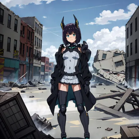 masterpiece,high quality,solo,outdoors,a devastated town,collapsed buildings,rubble,science fiction,
<lora:Shinu001:0.7>,
Shinu,1girl,
short hair,black purple hair,aqua eyes,
headgear,
open coat,black coat,grey bodysuit,shoulder armor,
gloves,
pleated skirt,
zettai ryouiki,thigh boots,