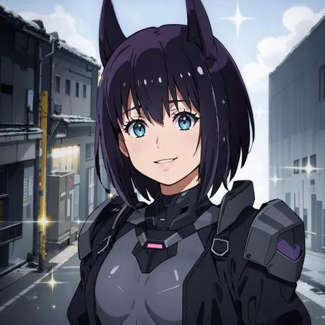masterpiece,high quality,ultra high definition,solo,outdoors,outdoors,
<lora:Shinu001:0.7>,looking at viewer,smile,parted lips,
Shinu,1girl,
short hair,black purple hair,aqua eyes,sparkling eyes,
headgear,science fiction,
open coat,black coat,grey bodysuit,shoulder armor,
close-up,