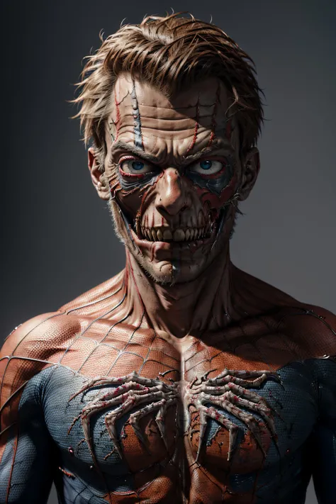 a photo of spiderman zombie,  full shot, z4mbi portrait <lora:ZombiePortrait_v1:0.8>
