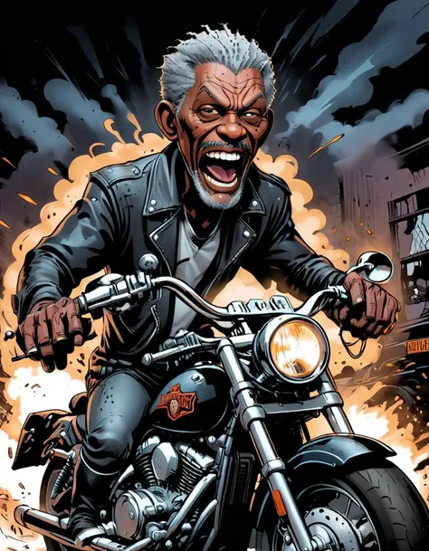 breathtaking highly detailed graphic novel illustration of morgan freeman riding a harley davidson motorcycle <lora:Graphic_Novel_Illustration_Civitai-000007:1>, dark and gritty