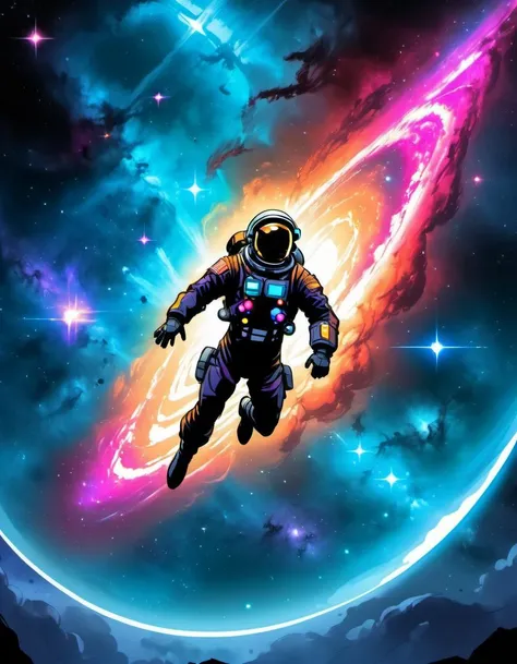 breathtaking graphic novel illustration Amidst the vast expanse of a nebula, a lone astronaut floats, tethered to a luminous starship. The radiant gases of the nebula dance around, reflecting vibrant colors on the suit, creating a ballet of light and motion. <lora:Graphic_Novel_Illustration-000007:1>