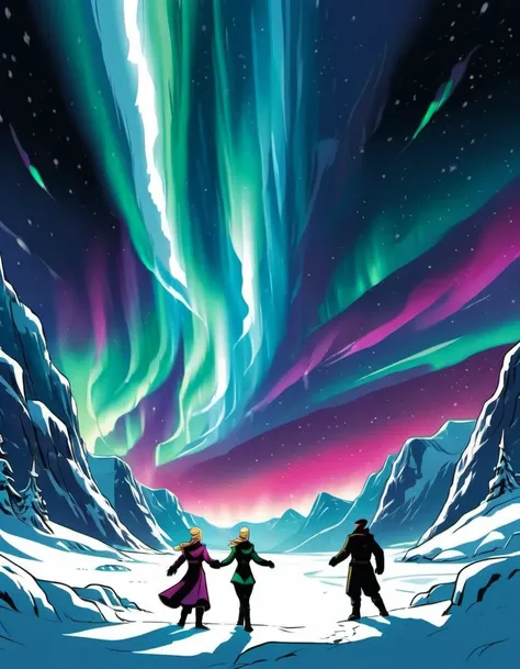 breathtaking graphic novel illustration Deep within the arctic circle, an aurora paints the sky with vibrant hues of green, pink, and purple. The snow below reflects this dance of lights, and the world is enveloped in a mesmerizing symphony of color. <lora:Graphic_Novel_Illustration-000007:1>