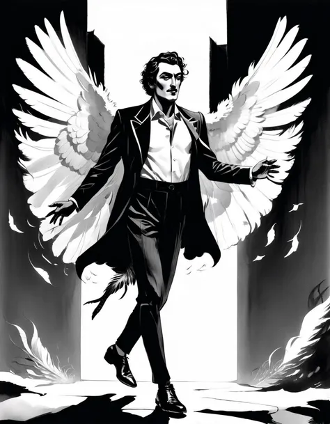 A graphic novel illustration of Sketch of a man with owl wings where his arms are replaced by feathers, surreal image, inspired by Salvador Dalí <lora:Graphic_Novel_Illustration-000007>