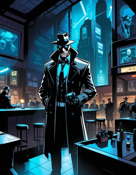 breathtaking graphic novel illustration At a grimy bar where holograms flicker and synth music drones, a detective with a trench coat and a past full of regrets hunts for clues in a case that could change the course of the city's future. <lora:Graphic_Novel_Illustration-000007:1>