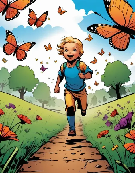 breathtaking graphic novel illustration of A child chasing colorful butterflies in a vibrant meadow.  <lora:Graphic_Novel_Illustration-000007:1>